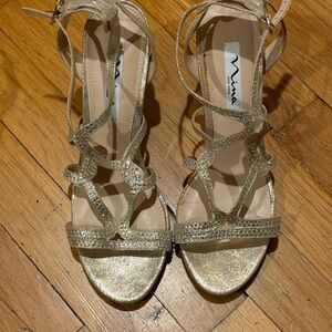 Nina Gold Strappy Heels with Rhinestone Embellishments